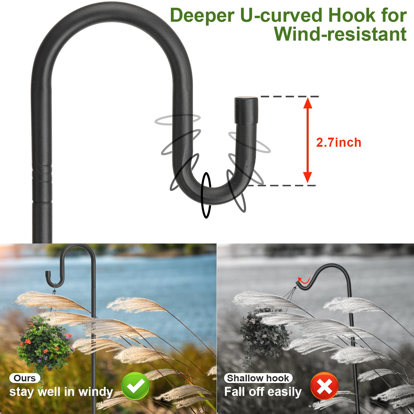 Cogardenshower deep U-hook minimizes sway for stable décor