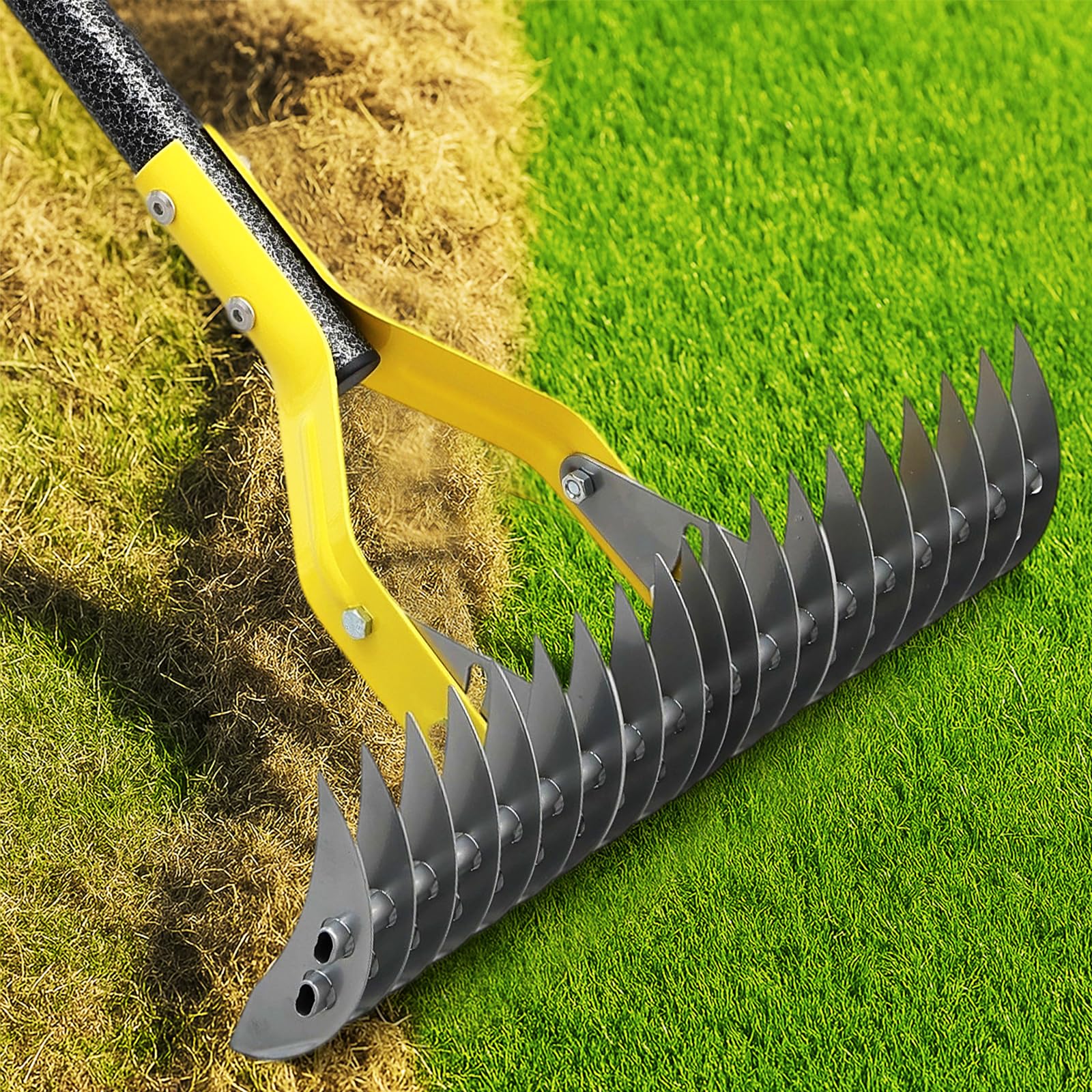 Cogardenshower dual-action thatch rake head close-up for deep dethatching