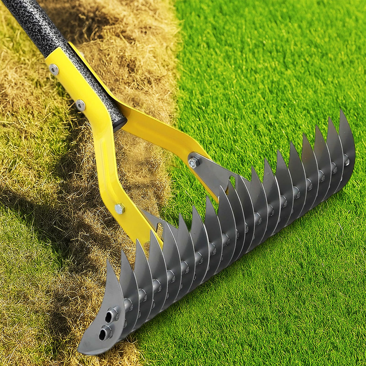 Cogardenshower dual-action thatch rake head close-up for deep dethatching
