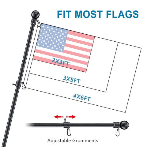 Cogardenshower adjustable grommet mounts secure 2x3, 3x5, and 4x6 flags securely.