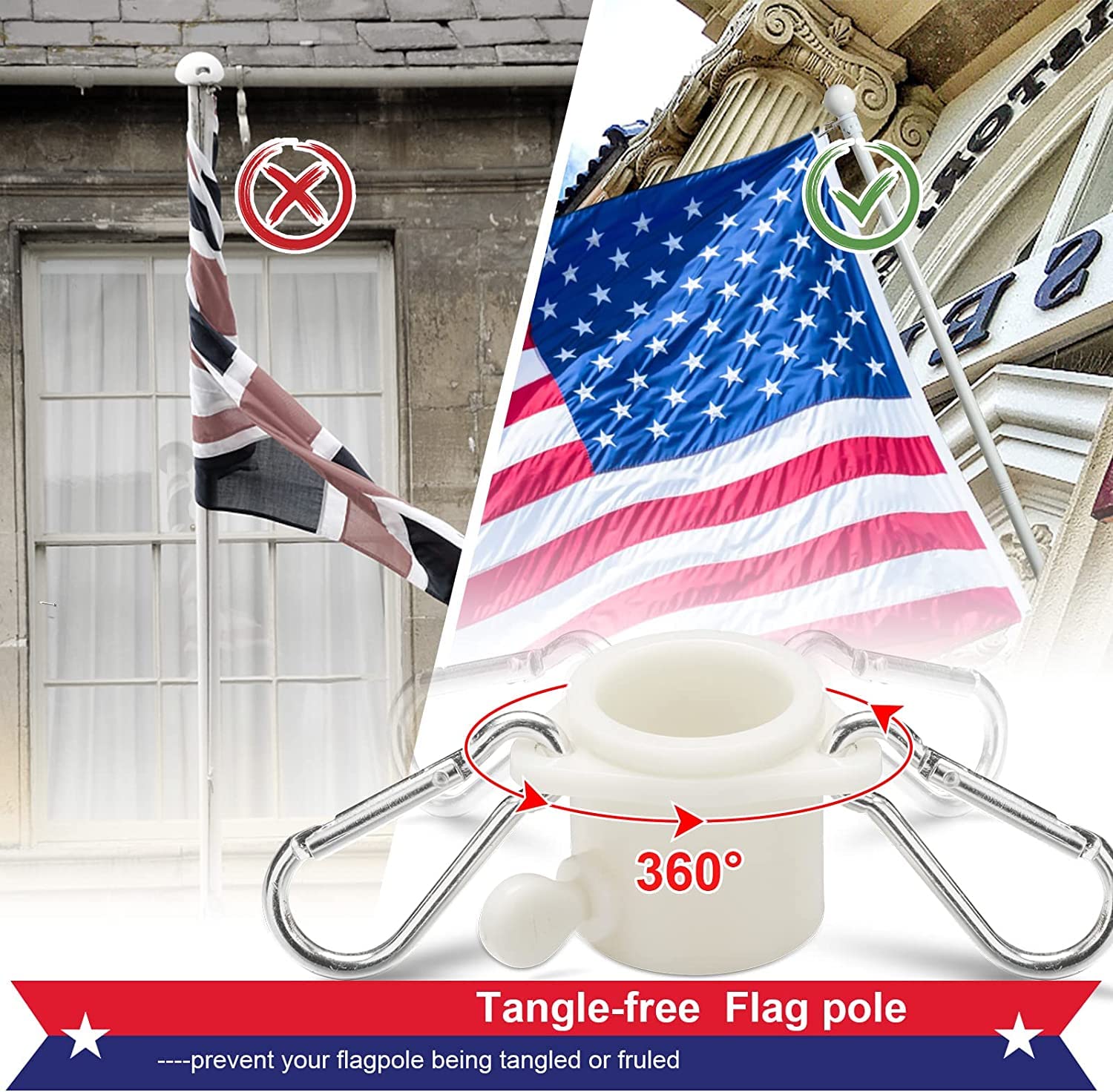 Cogardenshower flagpole 360 spin promotes tangle-free flag movement.