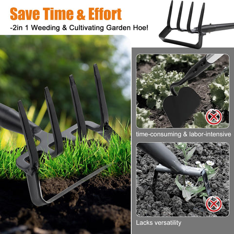 Cogardenshower 4-tine cultivator for breaking crust and loosening soil.