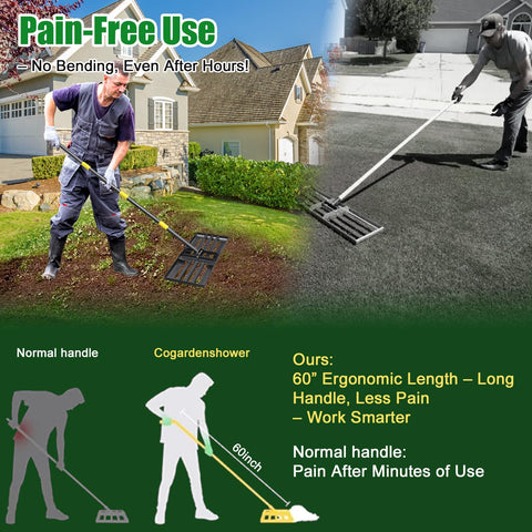 Cogardenshower lawn leveling rake anti-flip design keeps soil stable.