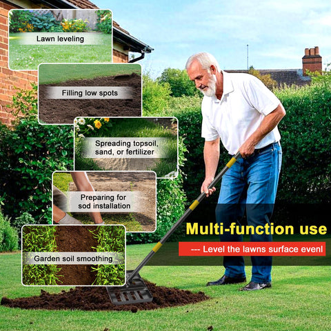 Cogardenshower lawn leveling rake multi-purpose tool for topdressing and smoothing.