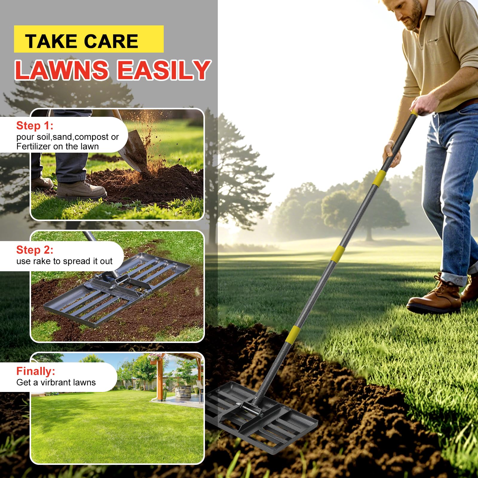 Cogardenshower lawn leveling rake reinforced welds ensure durability.