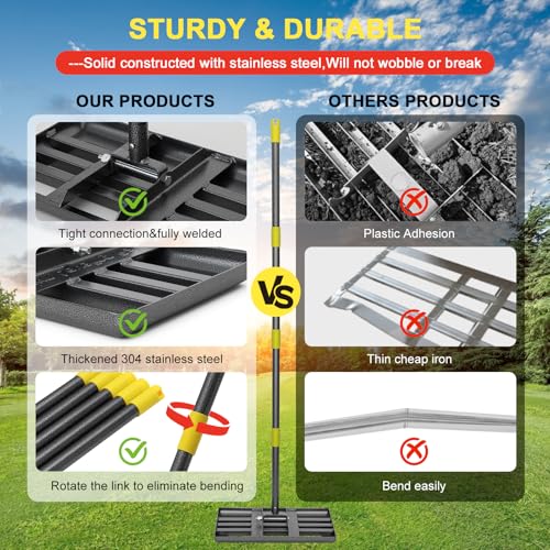 Cogardenshower lawn leveling rake stainless steel construction resists rust.