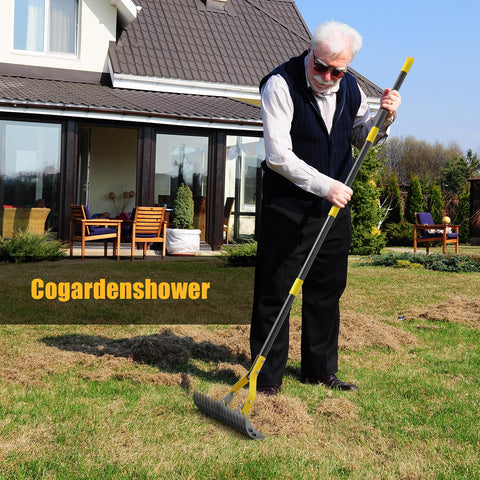 Cogardenshower multi-task lawn tool for thatch and soil.