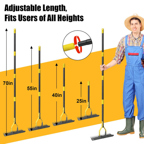 Cogardenshower tilt-head angle for deep or surface raking.