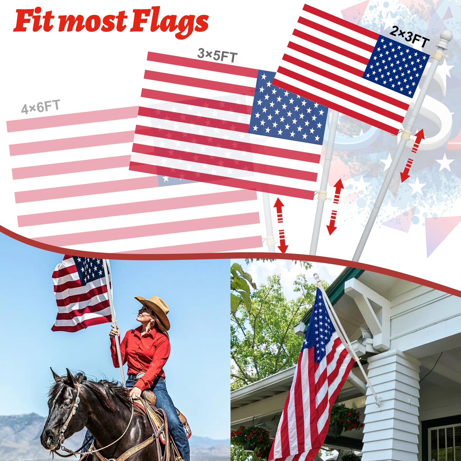 Cogardenshower universal fit supports 2x3 and 3x5 flags for outdoor displays.