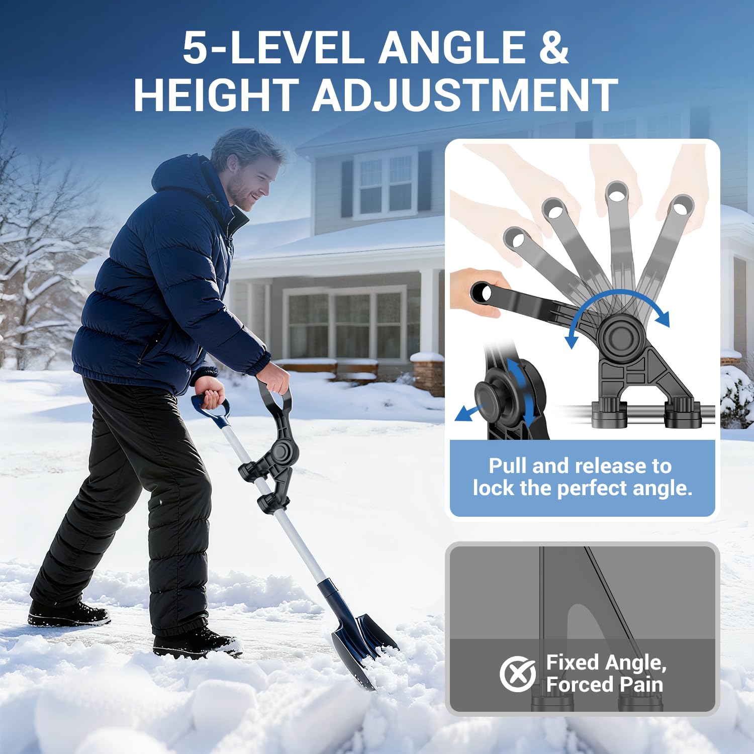 Coinicxcel back-saving design aiding upright posture during snow removal