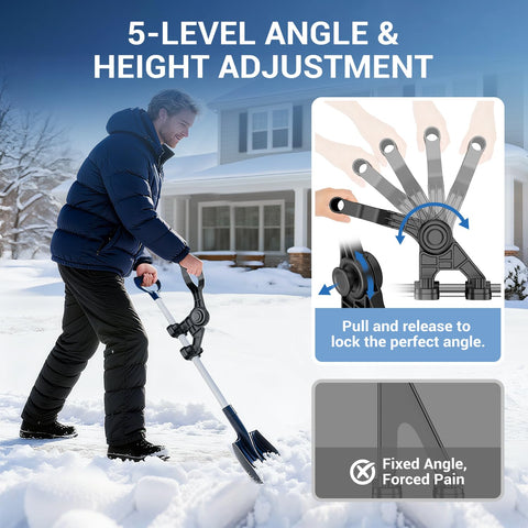 Coinicxcel back-saving design aiding upright posture during snow removal