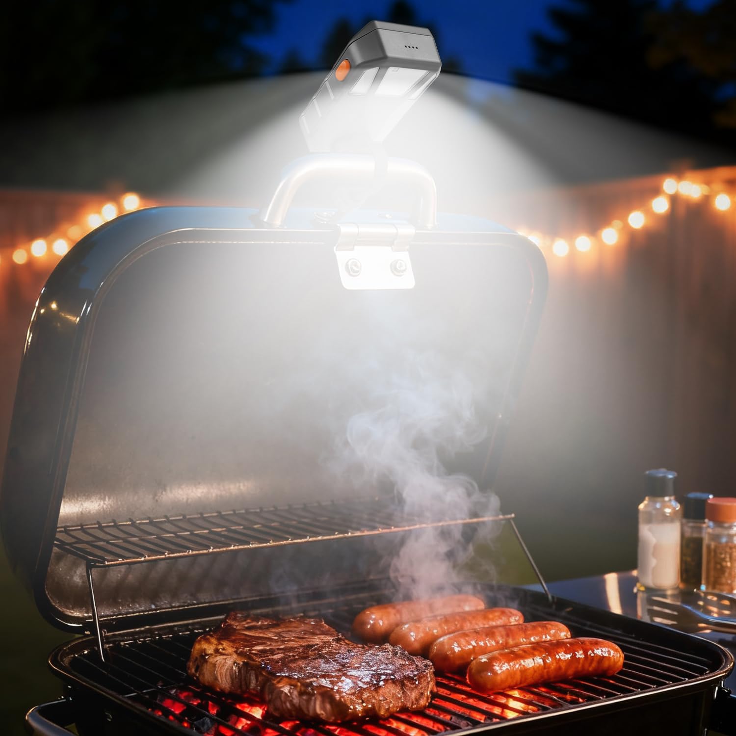 Coinicxcel grill light on grill provides bright illumination for night cooking.
