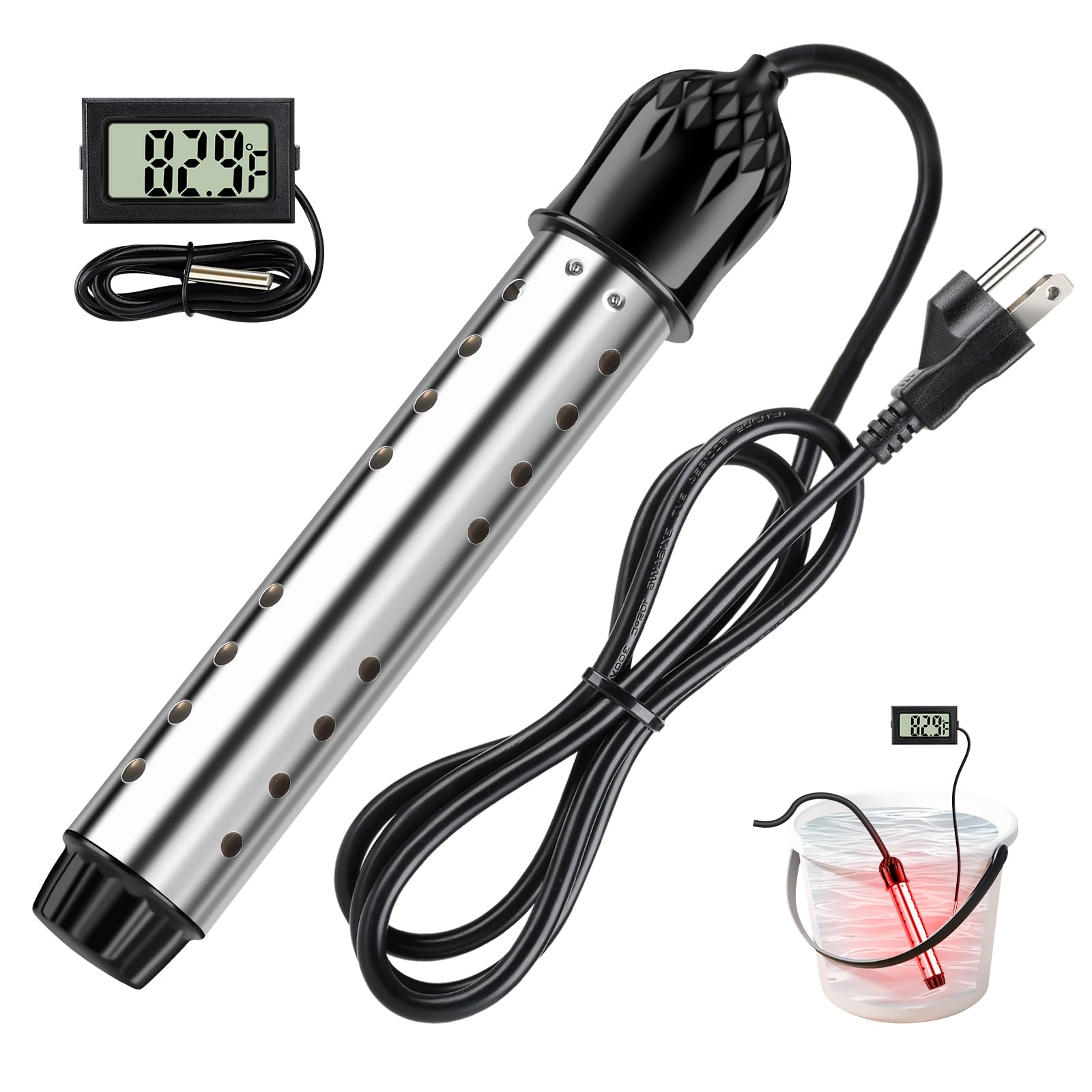 Coituer Koire 2000W immersion heater in use warming water in a bucket