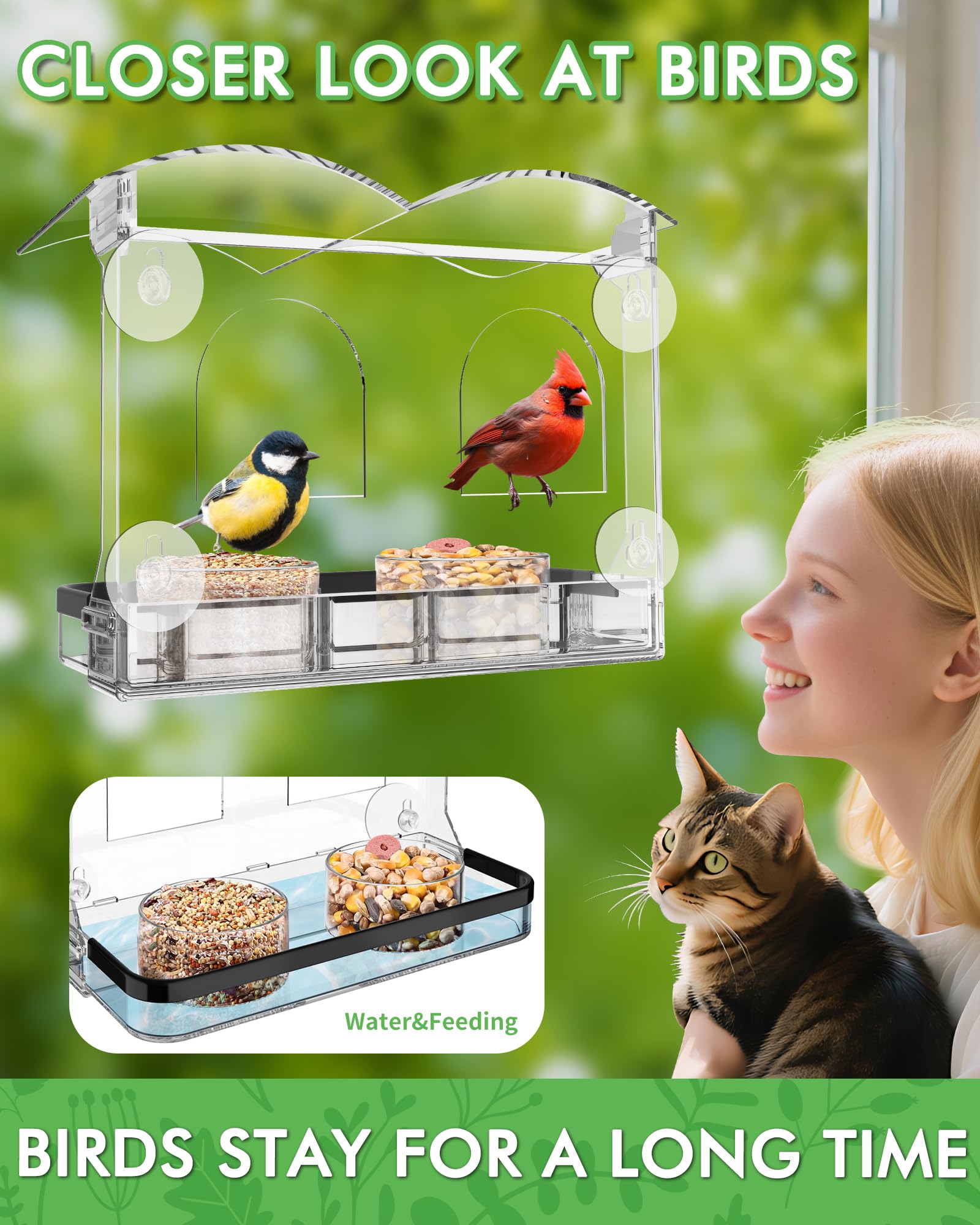 COJOSQC clear acrylic window feeder provides an unobstructed indoor bird view.