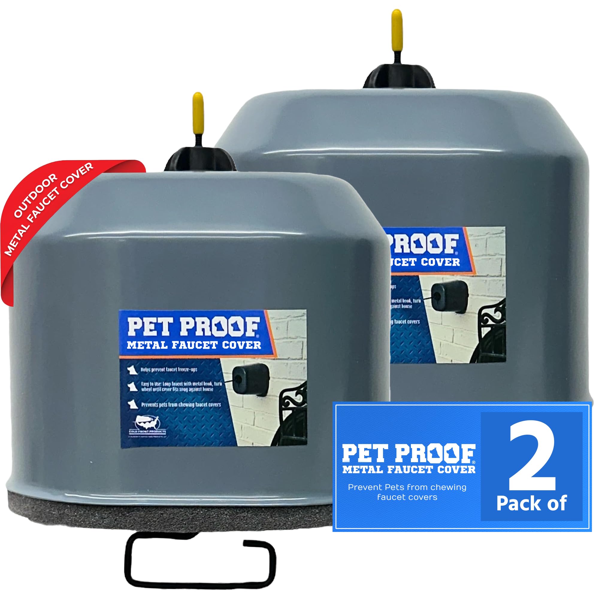 Cold Front Products metal faucet cover guarding outdoor spigot against pet interference.