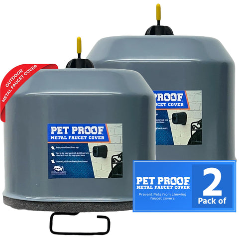 Cold Front Products metal faucet cover guarding outdoor spigot against pet interference.