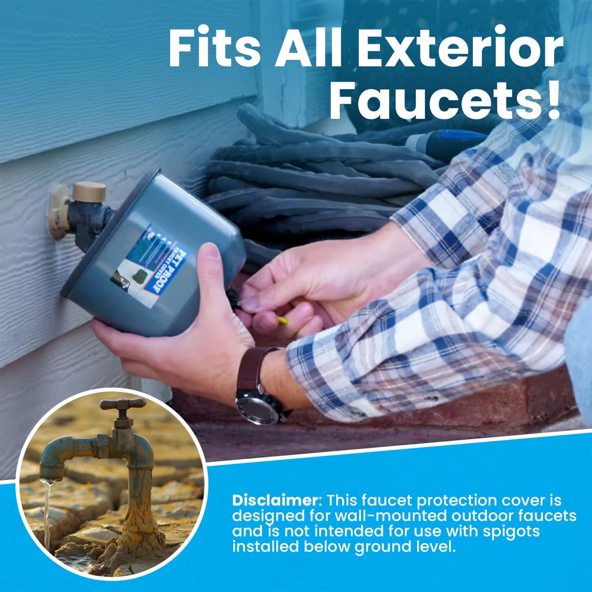 A tidy, coordinated look for multiple outdoor faucets with Cold Front covers.