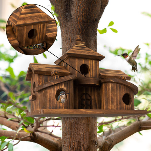 COLEBA bird house garden setup shown mounted among trees for natural shelter.