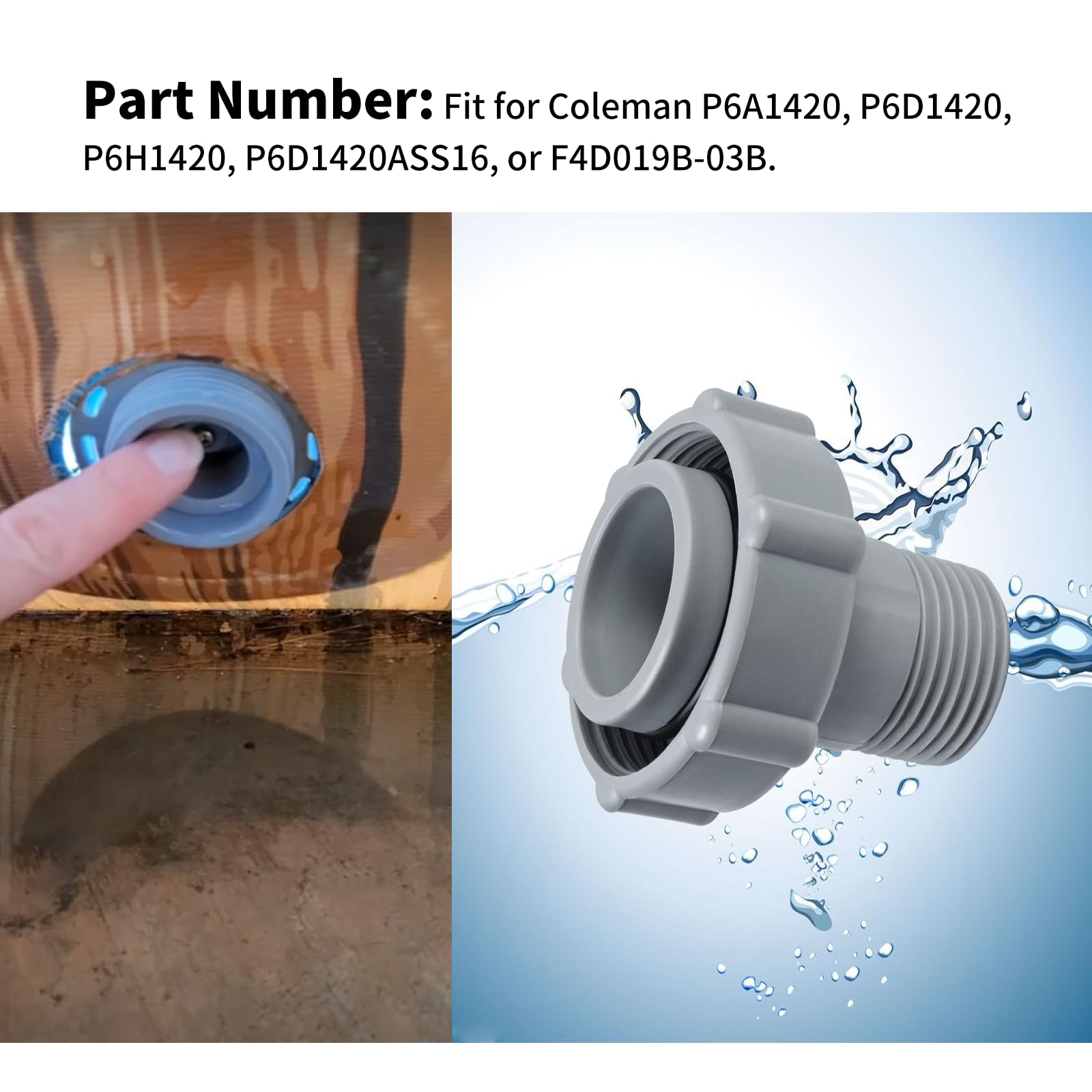 Close-up shows XJJ fitting at Coleman pool bottom with sturdy threads