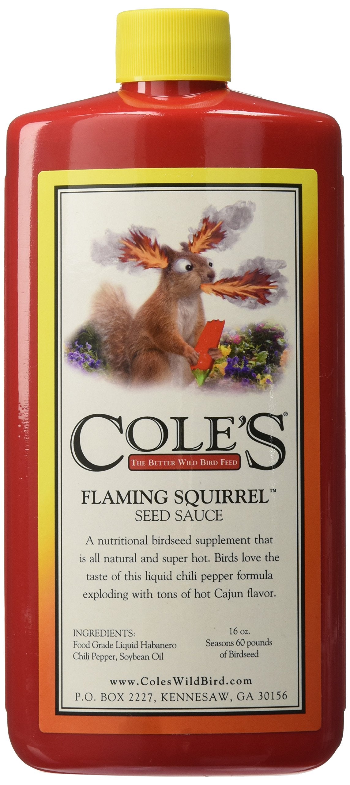 Cole's Flaming Squirrel Seed Sauce bottle; spicy seed coating deters squirrels at feeders