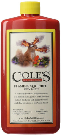 Cole's Flaming Squirrel Seed Sauce bottle; spicy seed coating deters squirrels at feeders