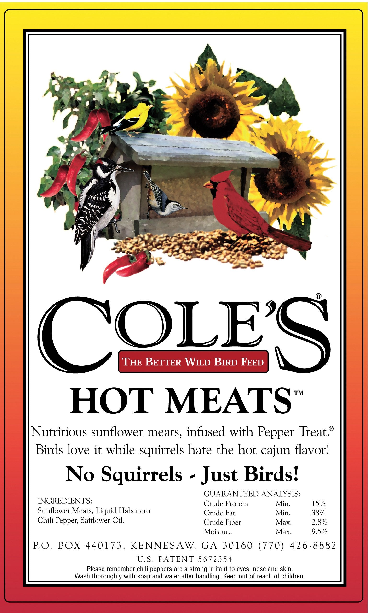 Birds visiting a feeder to sample the spicy Hot Meats mix