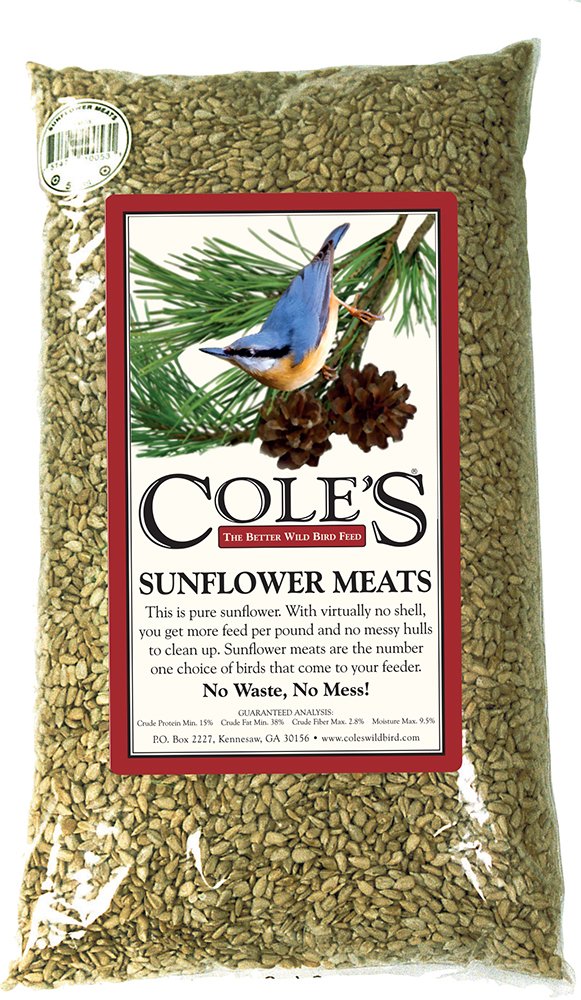 Cole's The Better Wild Bird Feed Sunflower Meats bag, clean feeding on a balcony.