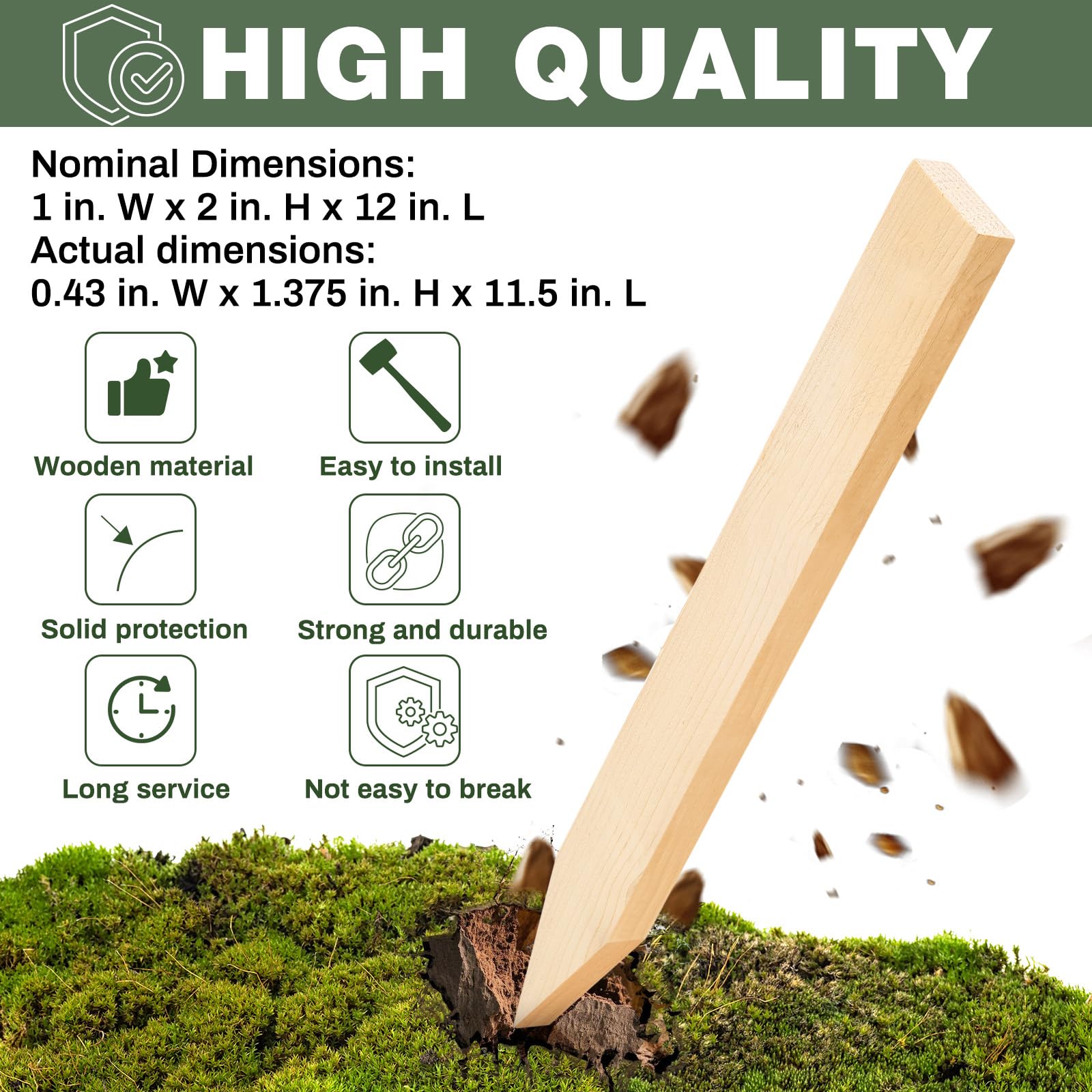 Colingmill smooth-tip wooden stake ready to insert into dense soil.