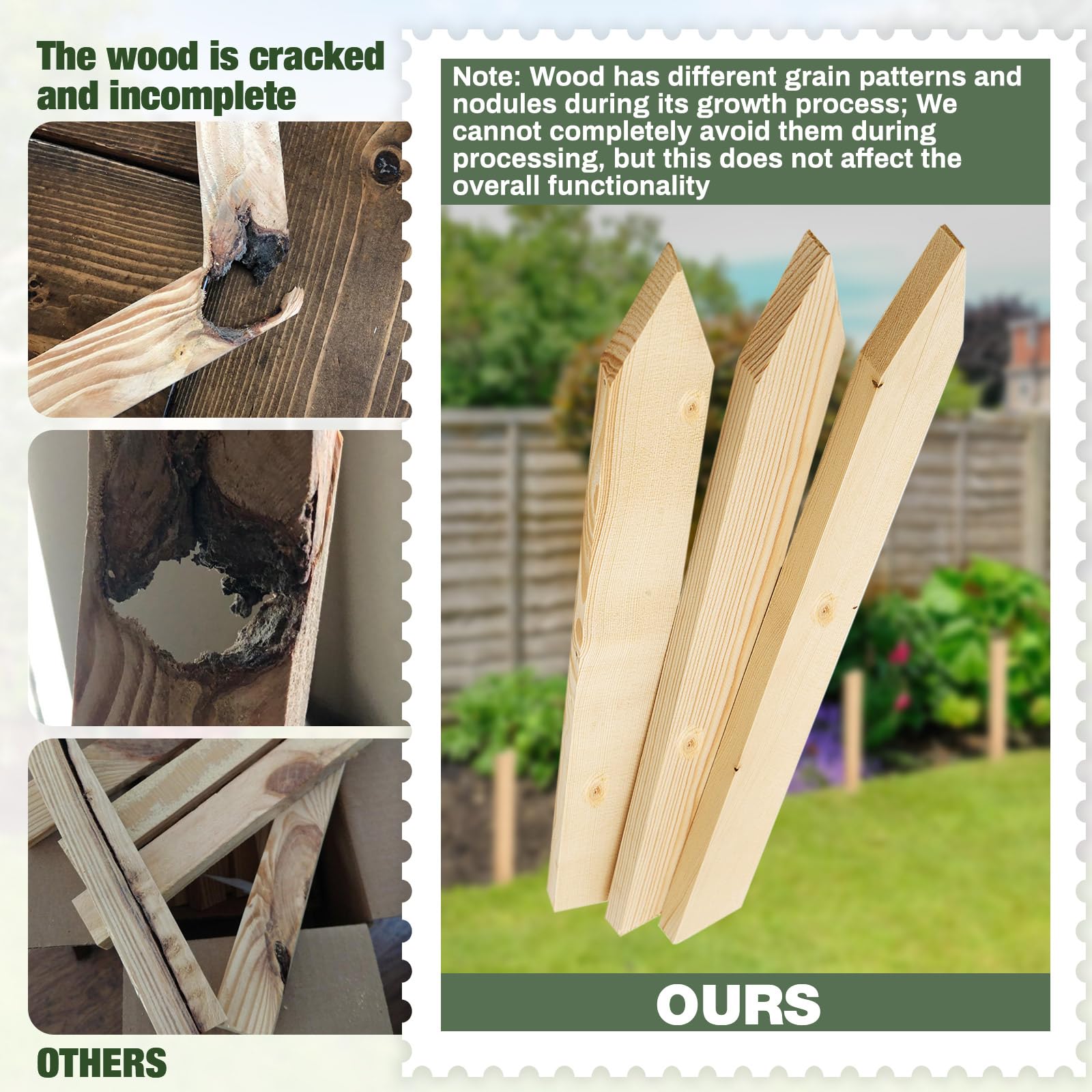Colingmill rustic log-style stakes blend with garden aesthetics while remaining functional.