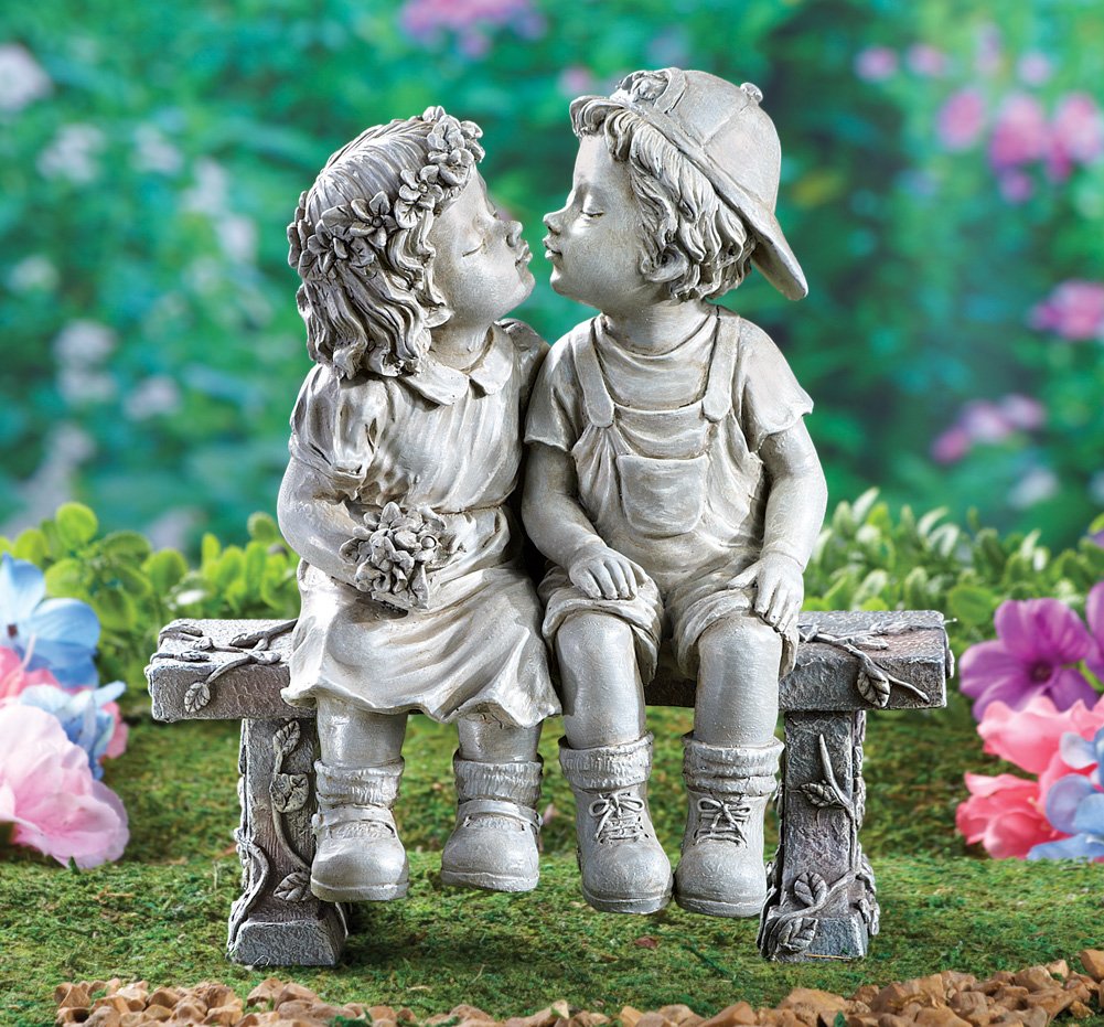 Collections Etc First Kiss Puppy Love sculpture angled view, enhances garden's romantic ambiance.