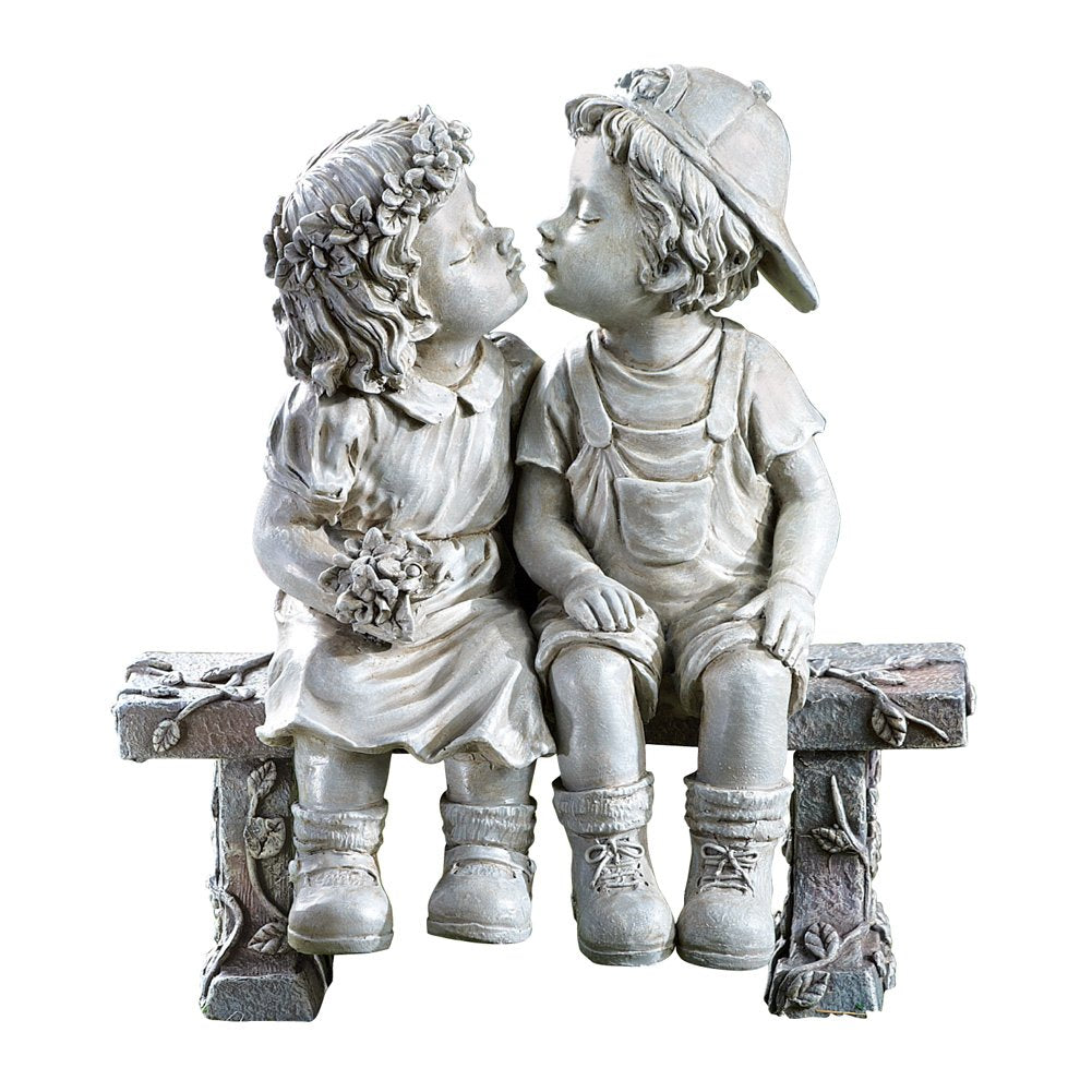 Collections Etc First Kiss Puppy Love garden sculpture front view, nostalgic yard decor.