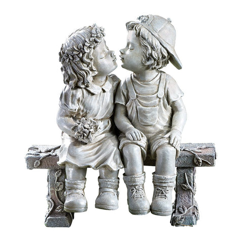 Collections Etc First Kiss Puppy Love garden sculpture front view, nostalgic yard decor.