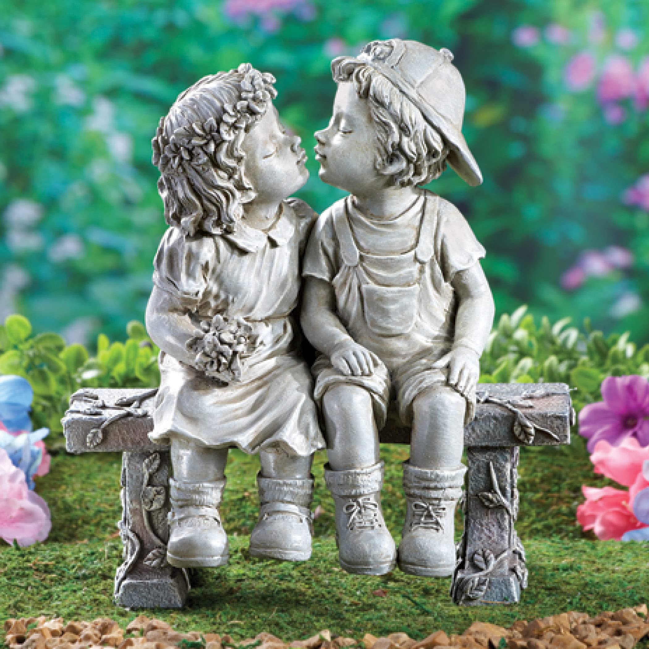 Collections Etc First Kiss Puppy Love sculpture side view, charming backyard centerpiece.