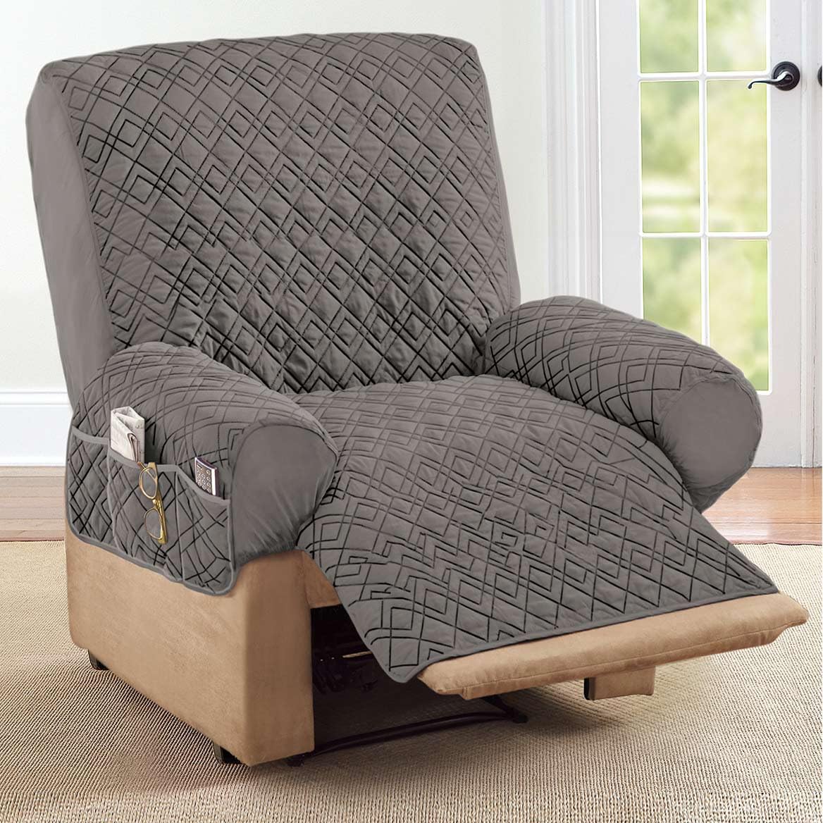 Collections Etc recliner cover with storage pockets keeps remotes and magazines organized.