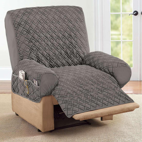 Collections Etc recliner cover with storage pockets keeps remotes and magazines organized.