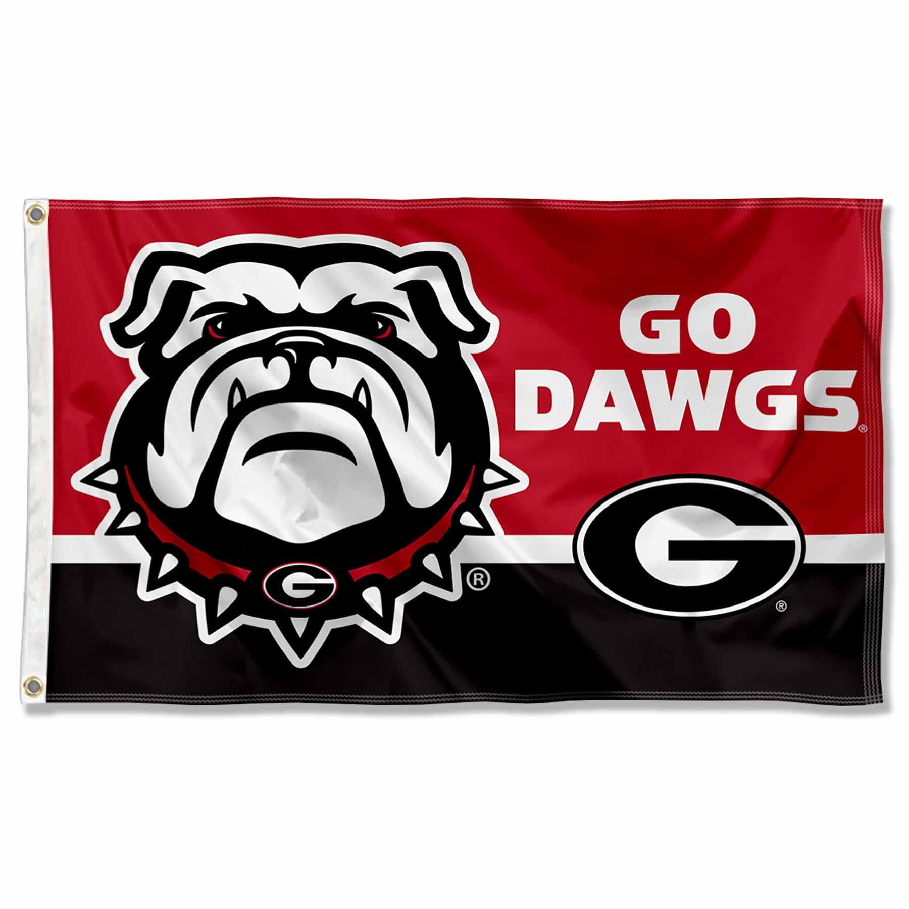 College Flags & Banners Co. Georgia Bulldogs Go Dawgs banner flag, front view for outdoor display.
