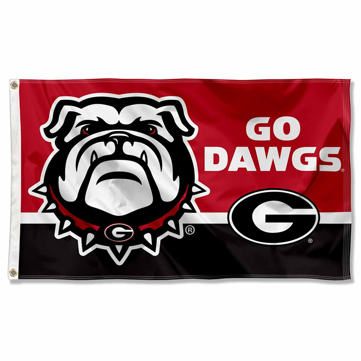 College Flags & Banners Co. Georgia Bulldogs Go Dawgs banner flag, front view for outdoor display.
