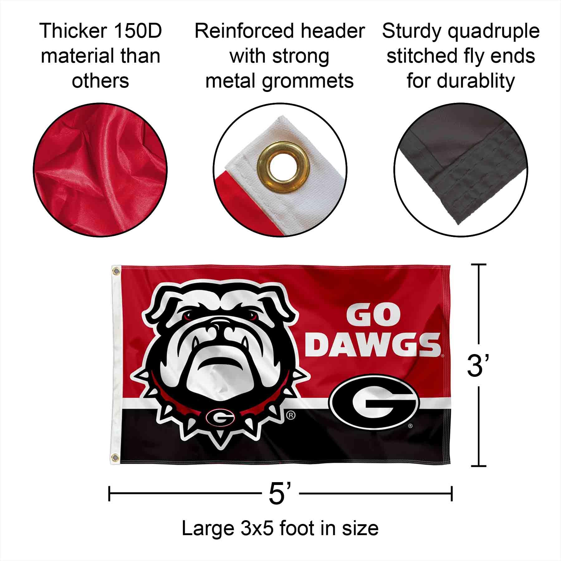 College Flags & Banners Co. Georgia Bulldogs Go Dawgs banner flag, side view for tailgating durability.