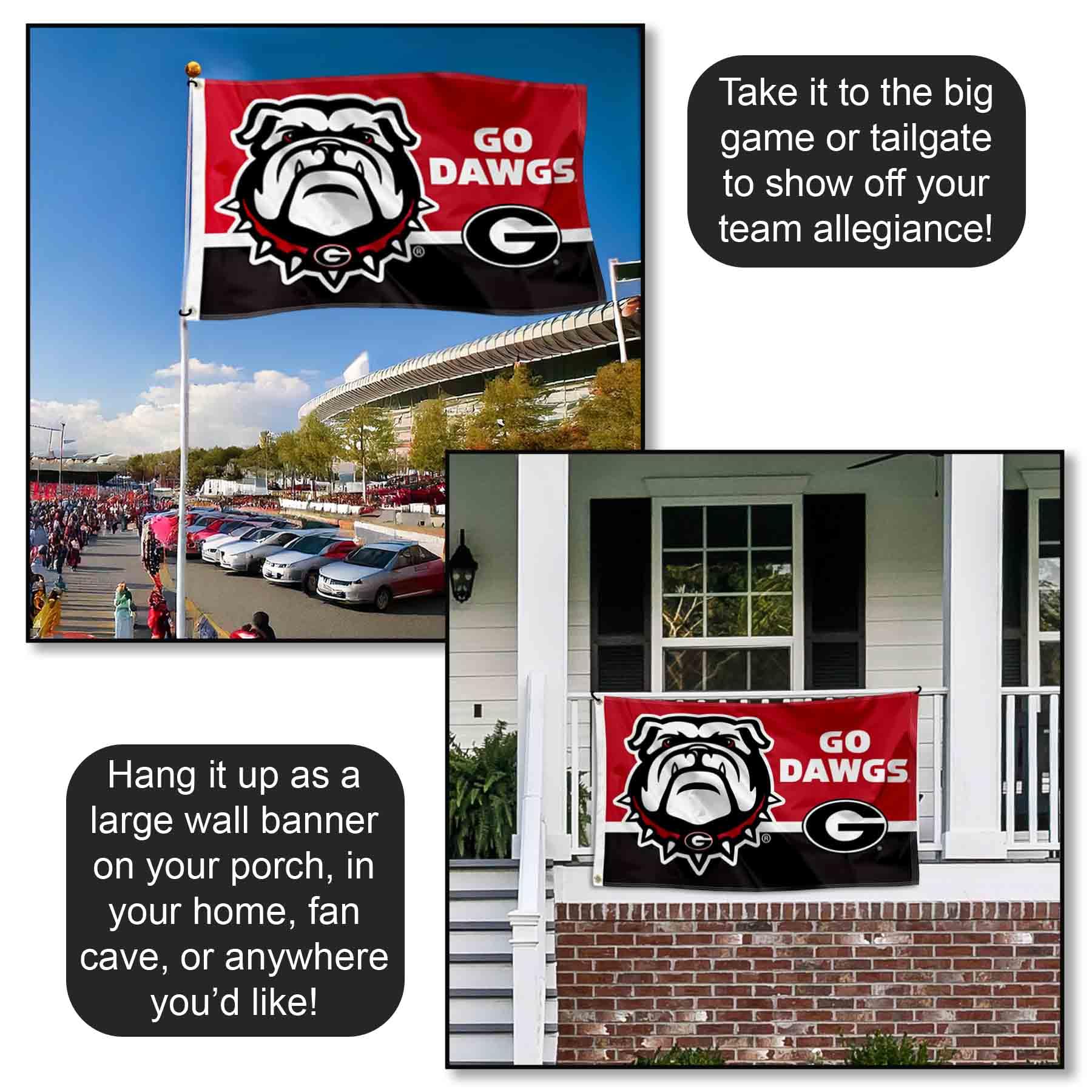 Georgia Bulldogs Go Dawgs banner flag, flagpole-ready with reinforced stitching and grommets.