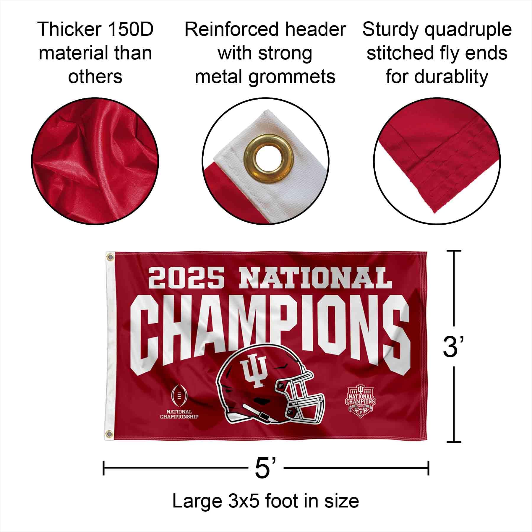 College Flags & Banners Co. Hoosiers championship logos close-up on the flag.