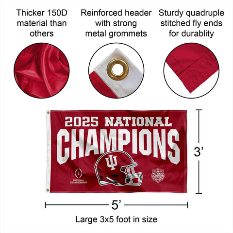 College Flags & Banners Co. Hoosiers championship logos close-up on the flag.
