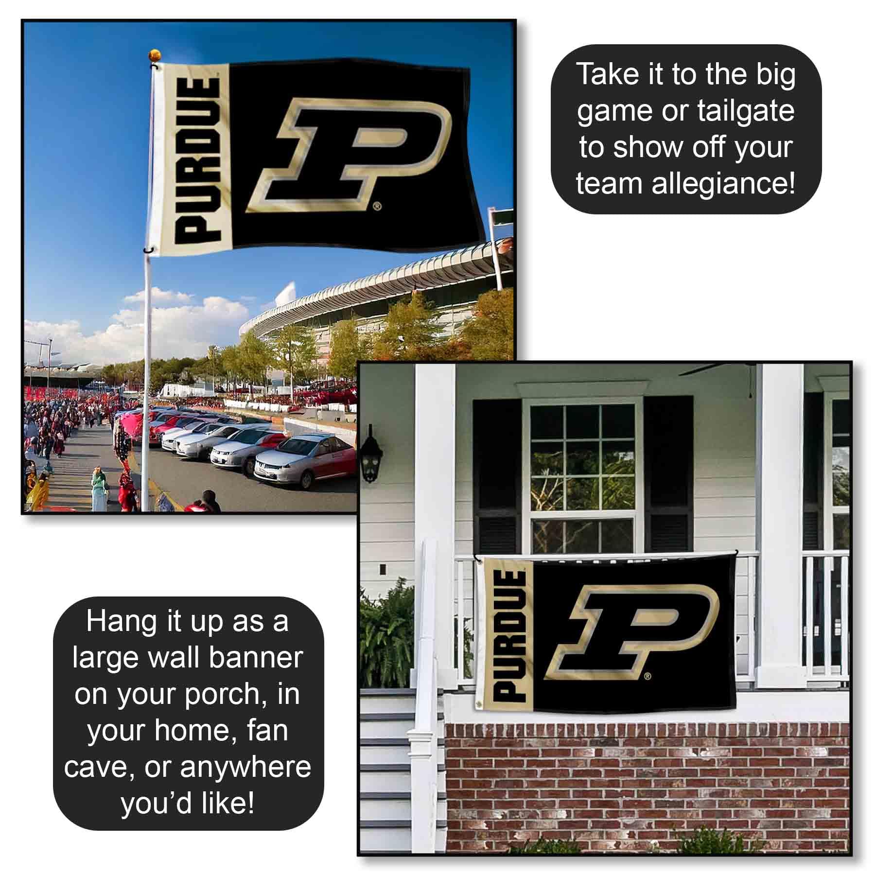 Purdue flag used for tailgating highlighting durability and easy setup