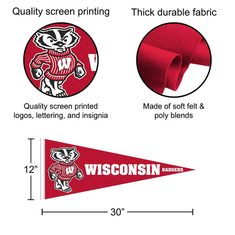 College Flags & Banners Co. Wisconsin Badgers pennant felt material detail for authentic college decor