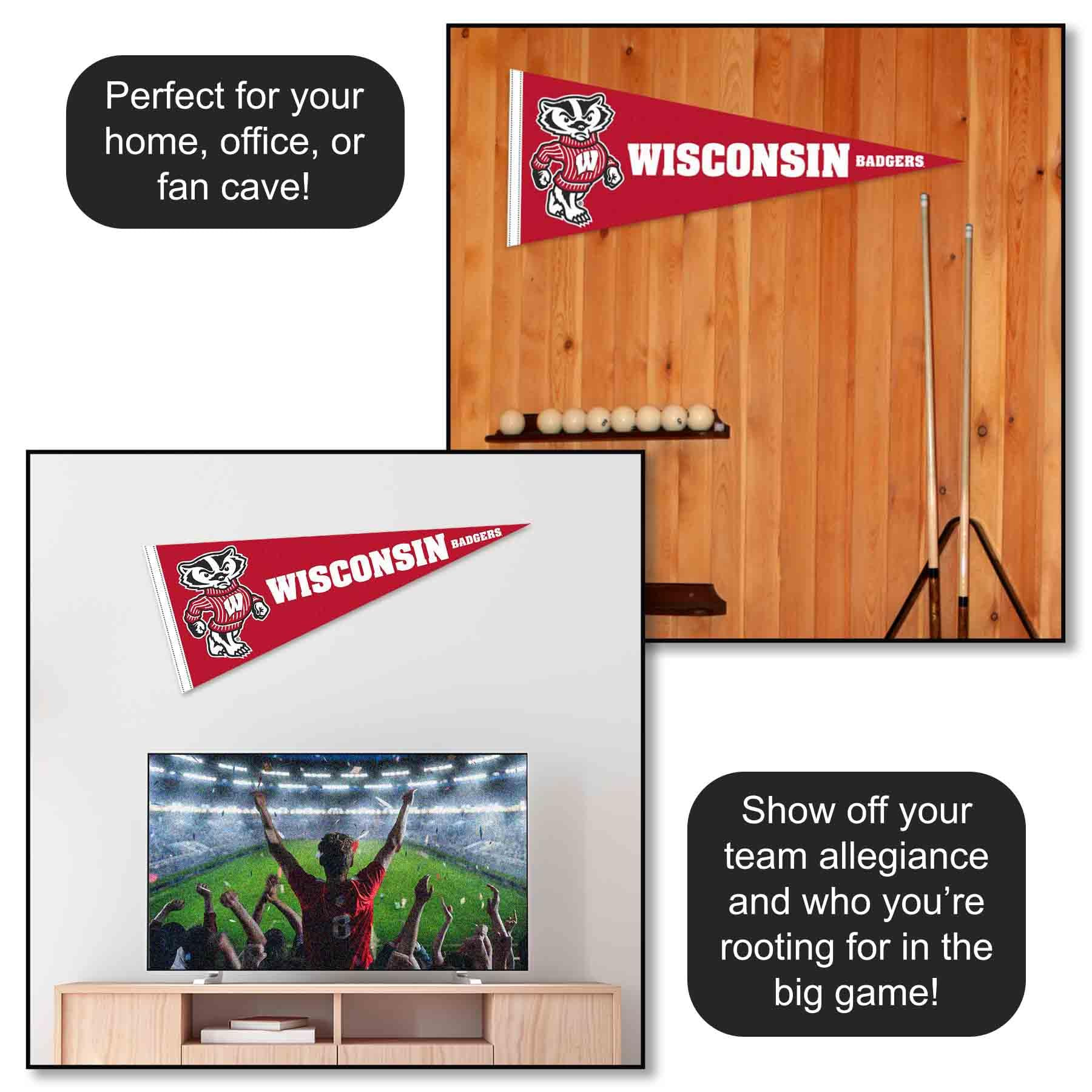 College Flags & Banners Co. Wisconsin Badgers pennant sewn sleeve for easy hanging and sturdy display