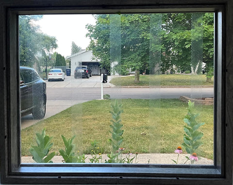 No-fly zone effect from CollidEscape Spiderweb Clear BirdTape reduces bird encounters with glass.