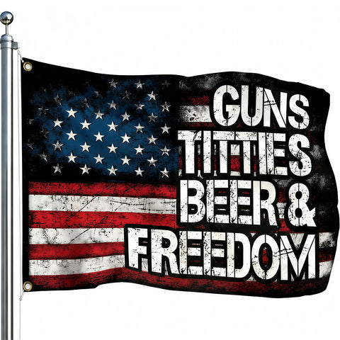 Colorato Guns Beer & Freedom flag front view for bold patriotic decor.