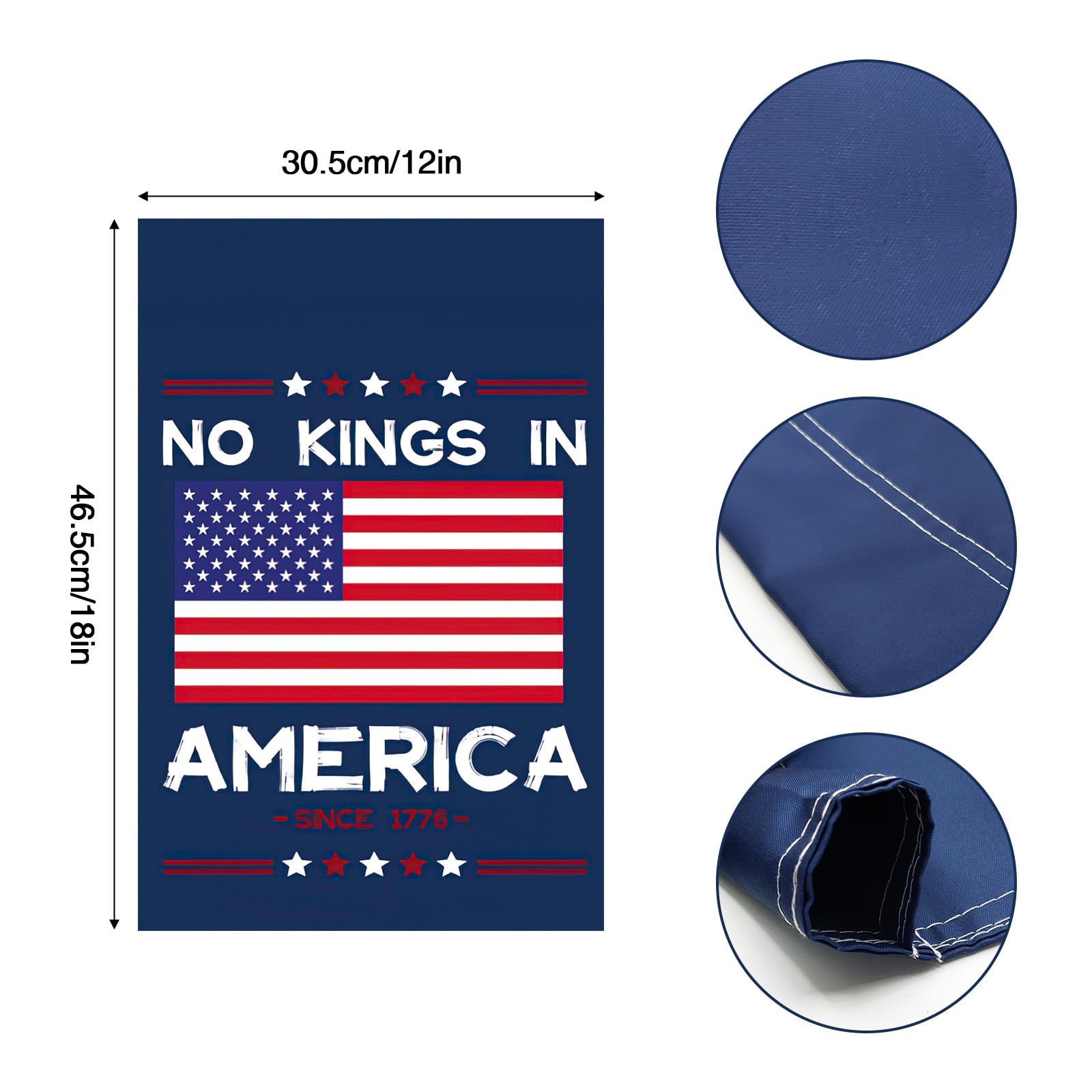 Colorato No Kings In America flag on porch illustrating outdoor-ready weather resistance.