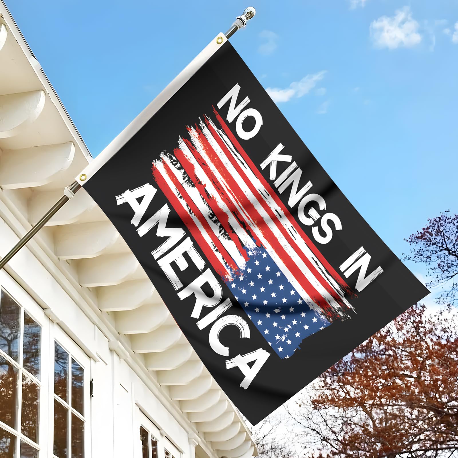 Colorato No Kings in America flag displayed on porch for outdoor messaging