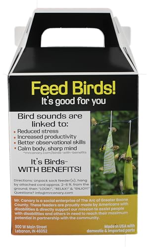 Mr. Canary color-patterned feeder bags brighten backyard birdwatching