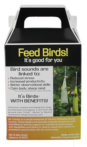 Mr. Canary color-patterned feeder bags brighten backyard birdwatching